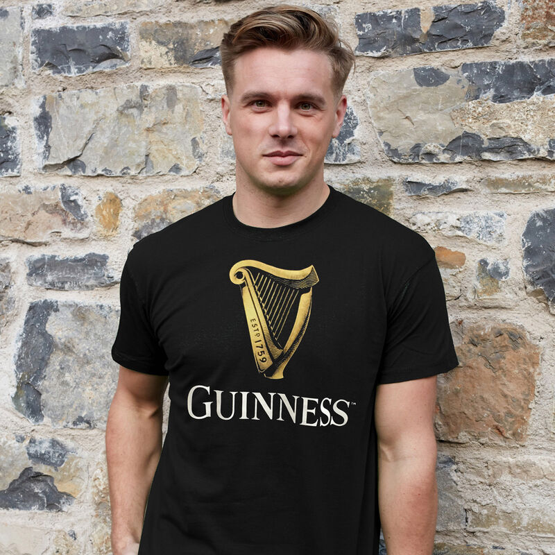 Black Guinness Classic T-Shirt With An Irish Gold Harp Design